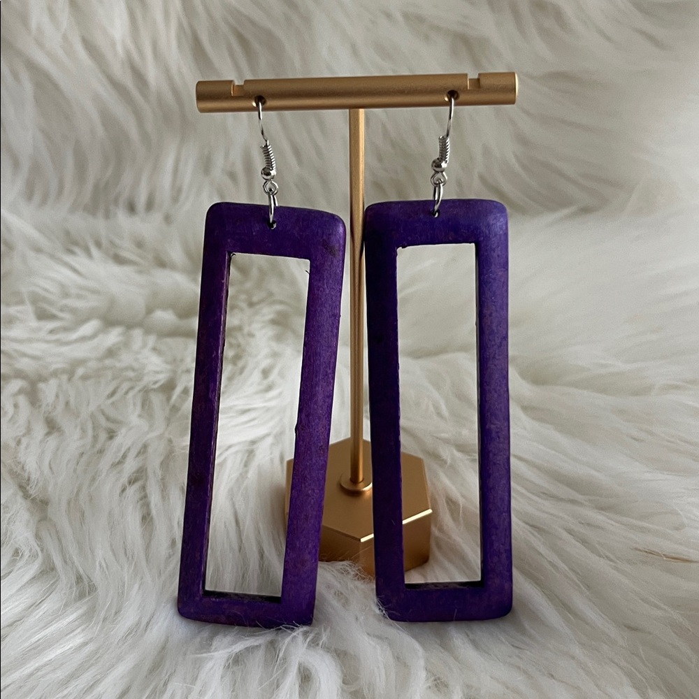 Purple Wooden Rectangular Earrings